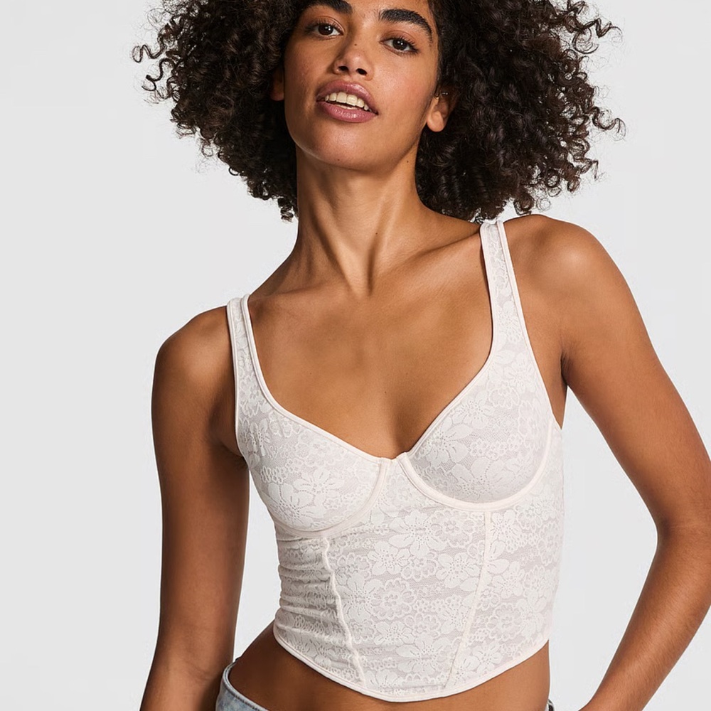 PINK Victoria's Secret Floral Lace Bustier in Cream